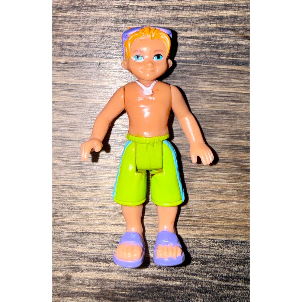 Fisher Price Pool Boy Doll 3.25" Excellent Beach Green Shorts Flip Flops